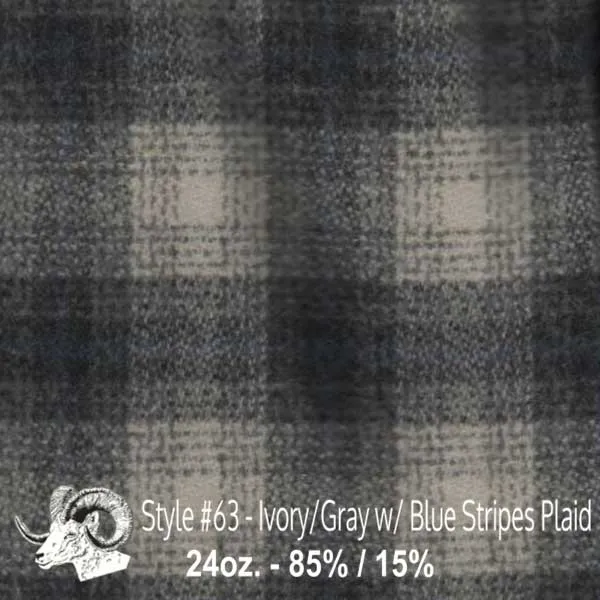 Wool Fabric By The Yard - 63 - Ivory, Gray, & Blue Stripe Plaid