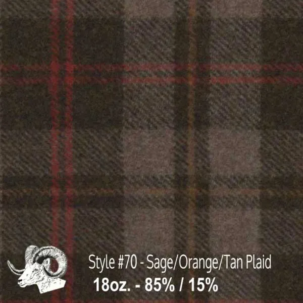 Wool Fabric By The Yard - 70 - Sage, Orange, & Tan Plaid