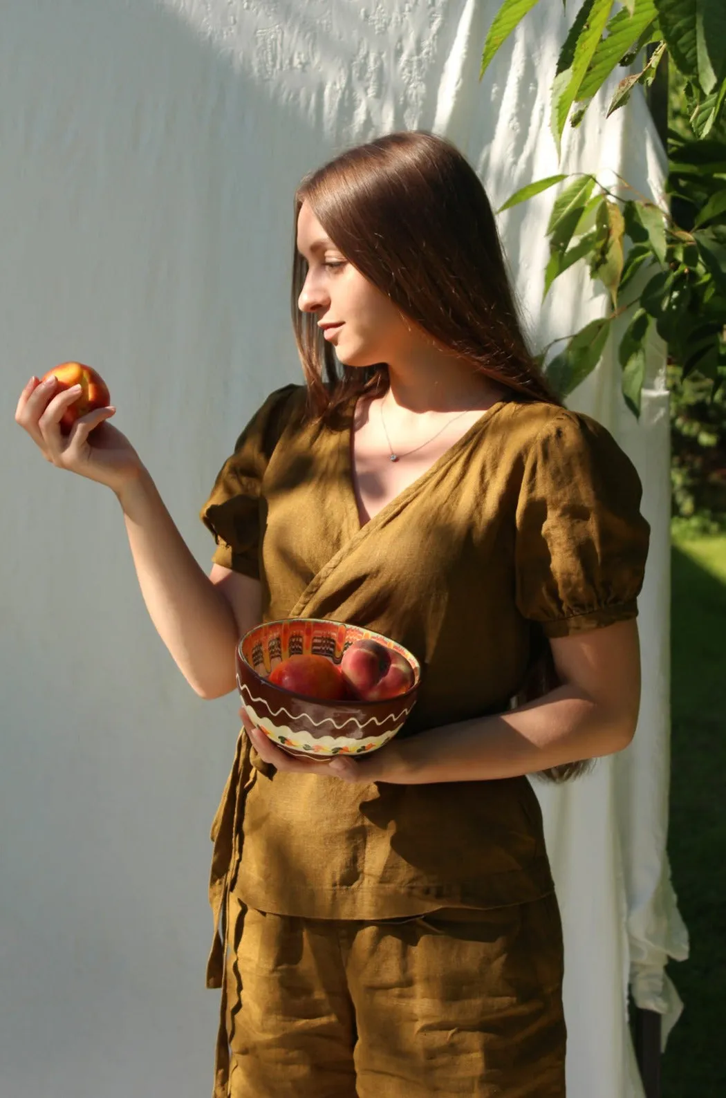 Wrap Linen top with Short Puff Sleeve ANNA - Kimono-inspired