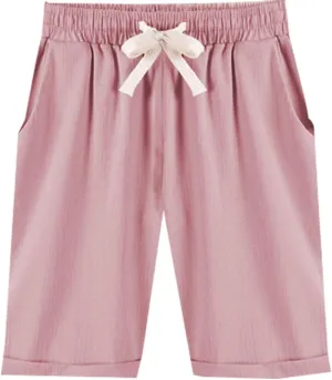XinYangNi Women's Elastic Waist Casual Comfy Cotton Linen Beach Shorts with Drawstring Knee Length Curling Bermuda Shorts