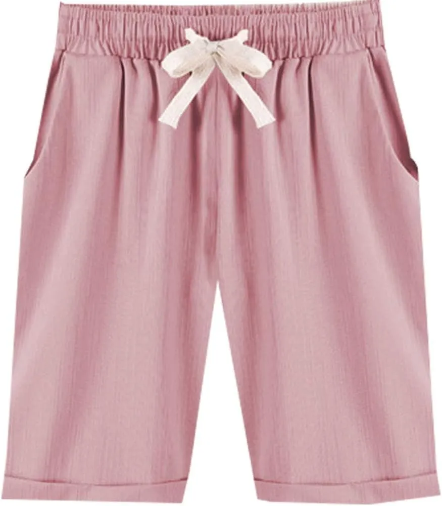 XinYangNi Women's Elastic Waist Casual Comfy Cotton Linen Beach Shorts with Drawstring Knee Length Curling Bermuda Shorts