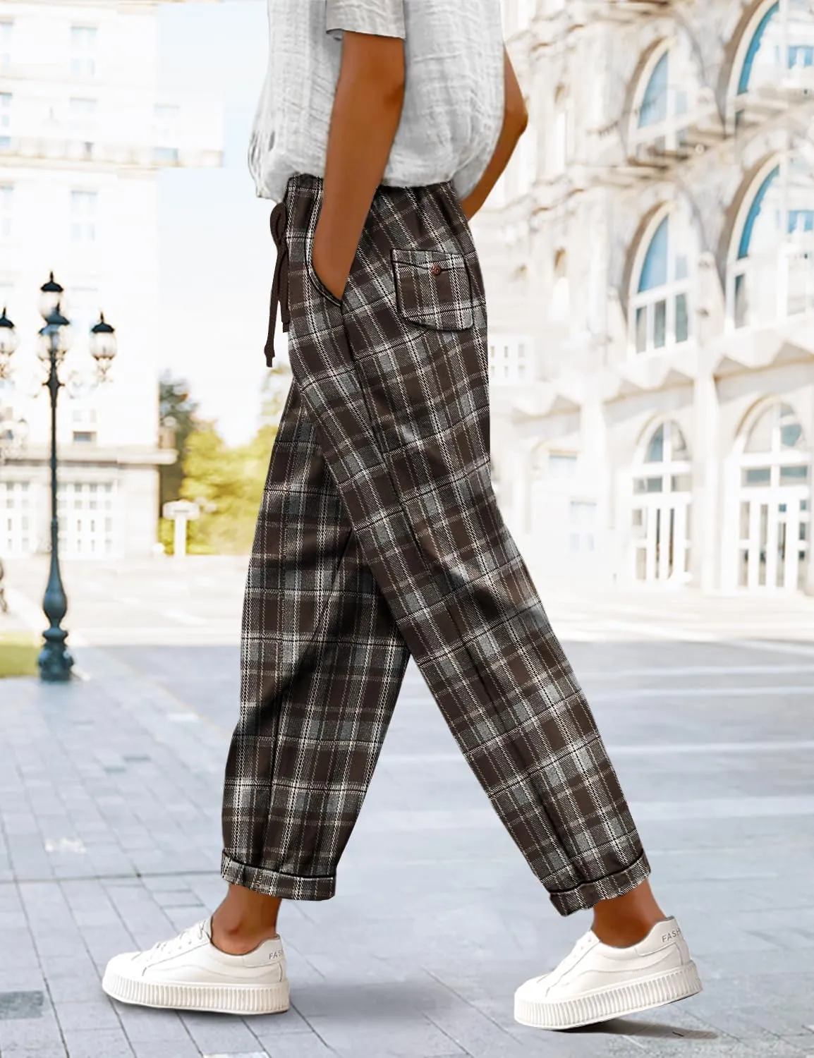 YESNO Women's Casual Straight Leg Pants Fall Drawstring Elastic High Waist Woolen Tapered Trousers with Pockets PWT