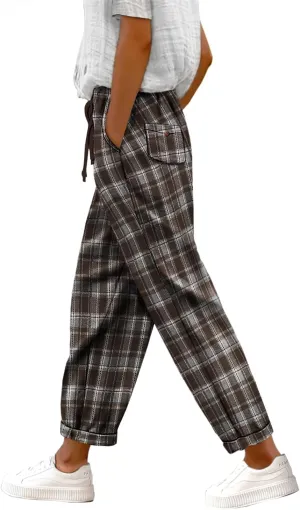 YESNO Women's Casual Straight Leg Pants Fall Drawstring Elastic High Waist Woolen Tapered Trousers with Pockets PWT