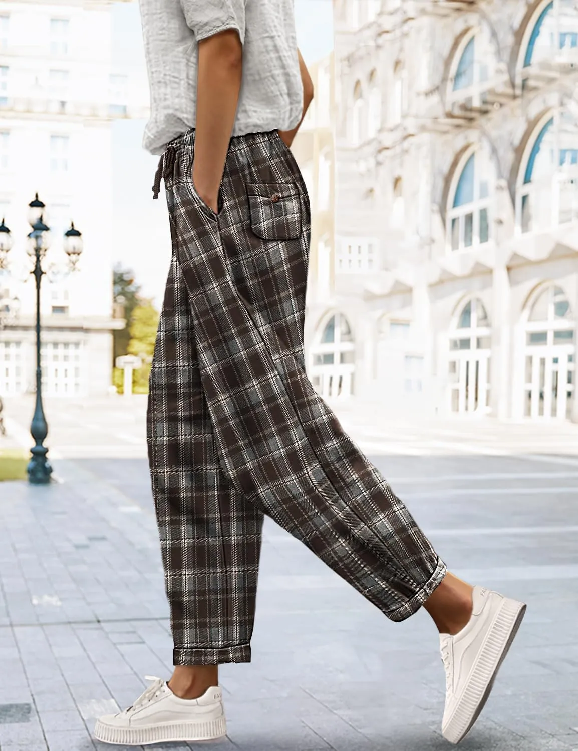 YESNO Women's Casual Straight Leg Pants Fall Drawstring Elastic High Waist Woolen Tapered Trousers with Pockets PWT