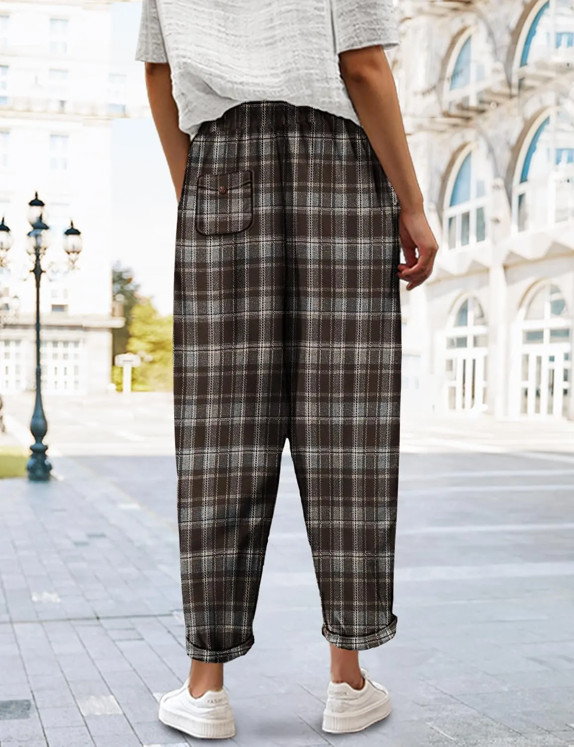 YESNO Women's Casual Straight Leg Pants Fall Drawstring Elastic High Waist Woolen Tapered Trousers with Pockets PWT