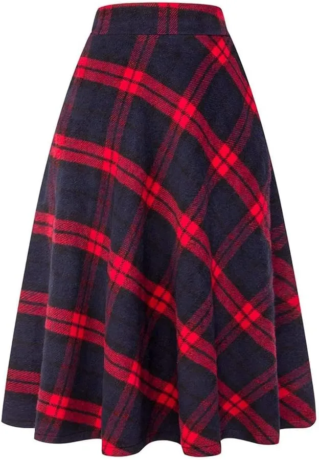 Ylingjun Long Plaid Wool Skirt for Womens Winter Fall High Elastic Waist A Line Flared Pleated Wool Skirts