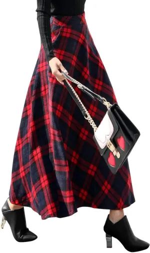 Ylingjun Long Plaid Wool Skirt for Womens Winter Fall High Elastic Waist A Line Flared Pleated Wool Skirts
