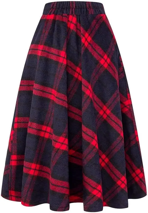 Ylingjun Long Plaid Wool Skirt for Womens Winter Fall High Elastic Waist A Line Flared Pleated Wool Skirts