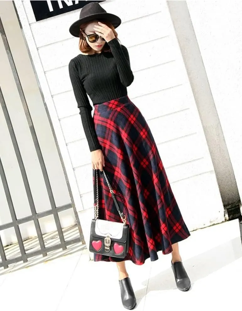 Ylingjun Long Plaid Wool Skirt for Womens Winter Fall High Elastic Waist A Line Flared Pleated Wool Skirts